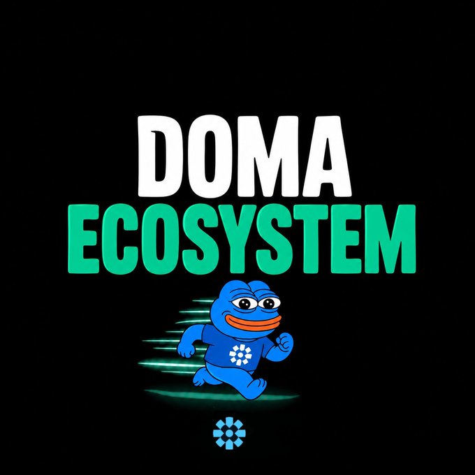 A vibrant promotional graphic featuring a running blue mascot character alongside the bold text "DOMA ECOSYSTEM," visually introducing the list of 24 projects within the DOMA protocol ecosystem, starting with Solana, Base, and Avalanche.