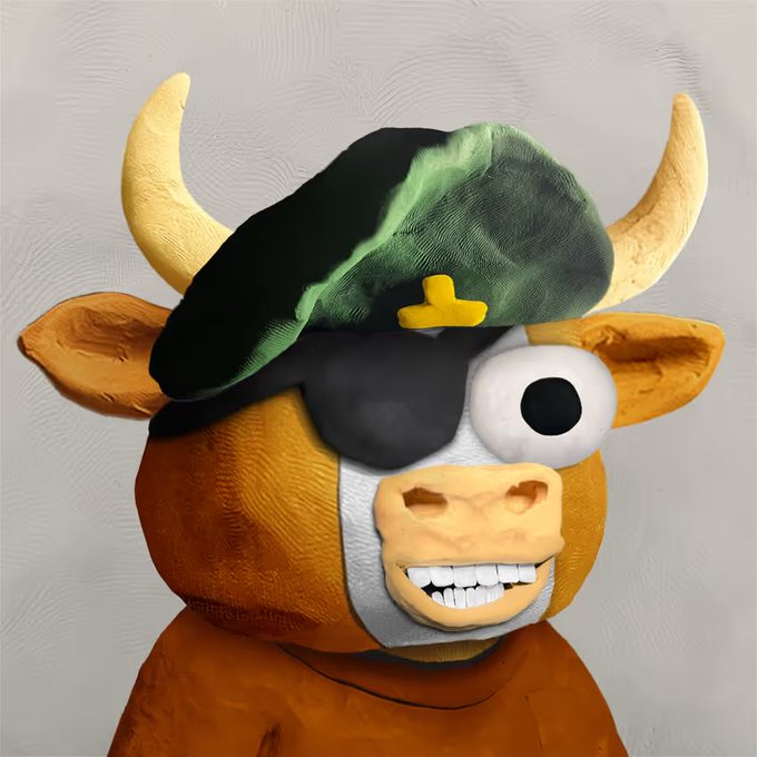 A 3D-rendered anthropomorphic bull character with an eyepatch, a toothy grin, and a green military-style beret with a yellow insignia against a plain grey background.
