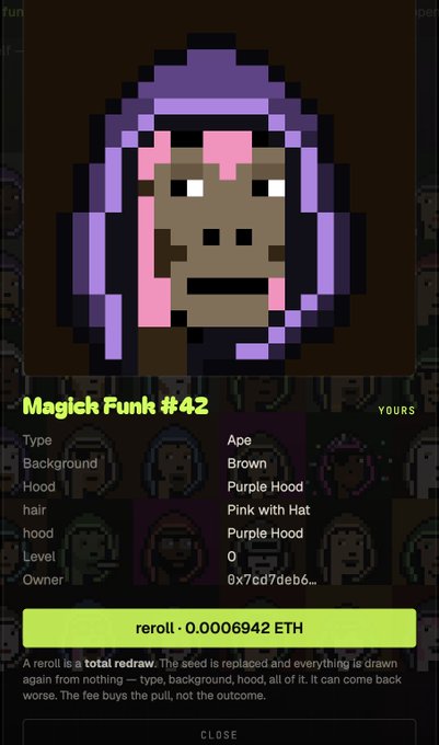 A pixel art NFT called "Magick Funk #42" displayed on a dark interface, featuring an ape character with a purple hood and pink accents. The image showcases a "reroll" option for 0.0006942 ETH, allowing users to redraw their on-chain art seed, aligning with the post's message about rerolling MagickFunk tokens to generate new artwork while keeping the token.