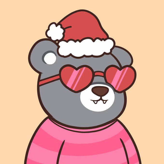 A cartoon illustration of a grey bear wearing a red Santa hat, red heart-shaped sunglasses, and a pink striped shirt against a peach background.
