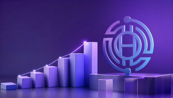 A 3D digital illustration featuring a purple and blue color scheme with an ascending bar graph, a connecting line with light nodes, and a circular logo containing the letter 'H'.