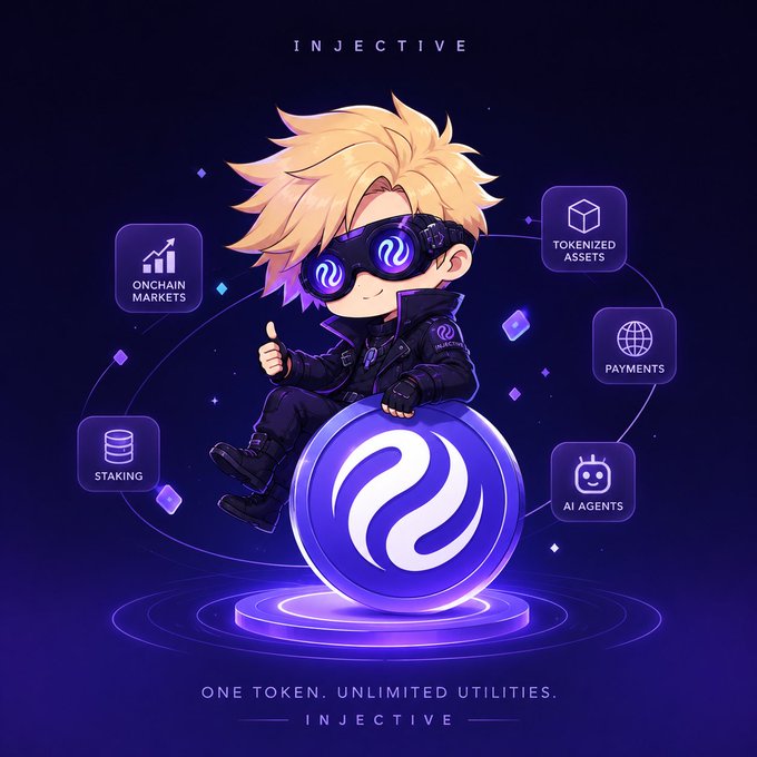 A chibi-style mascot with blonde hair and futuristic goggles sits atop a glowing Injective (INJ) coin, surrounded by feature icons labeled "ONCHAIN MARKETS," "STAKING," "TOKENIZED ASSETS," "PAYMENTS," and "AI AGENTS," with the tagline "ONE TOKEN. UNLIMITED UTILITIES." The image reinforces the post's message about INJ's expanding utility, visually emphasizing the token's multifaceted use cases as it gains mainstream accessibility through its native Coinbase listing.