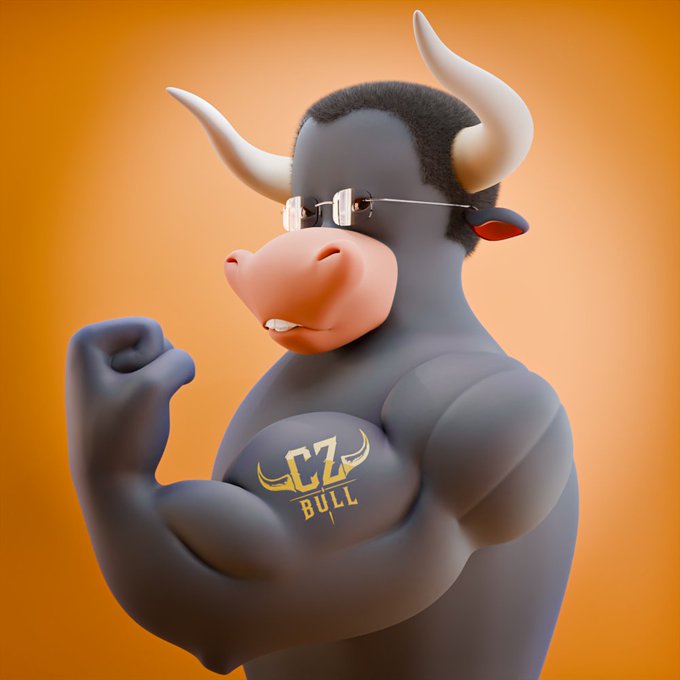 A 3D-rendered muscular bull wearing small rectangular glasses flexes its bicep, featuring the gold text "CZ BULL" on its chest, referencing the post's celebration of CZ (Changpeng Zhao) and an invitation for him to revert his profile picture back to a bull.