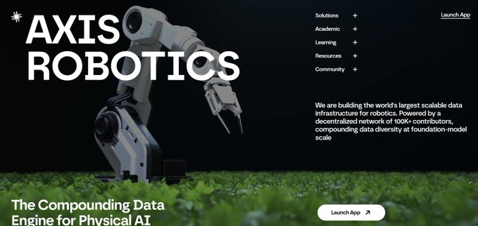 The AXIS ROBOTICS website homepage shows a robotic arm against a black background with the tagline 'The Compounding Data Engine for Physical AI' and a description about building the world's largest scalable data infrastructure for robotics.