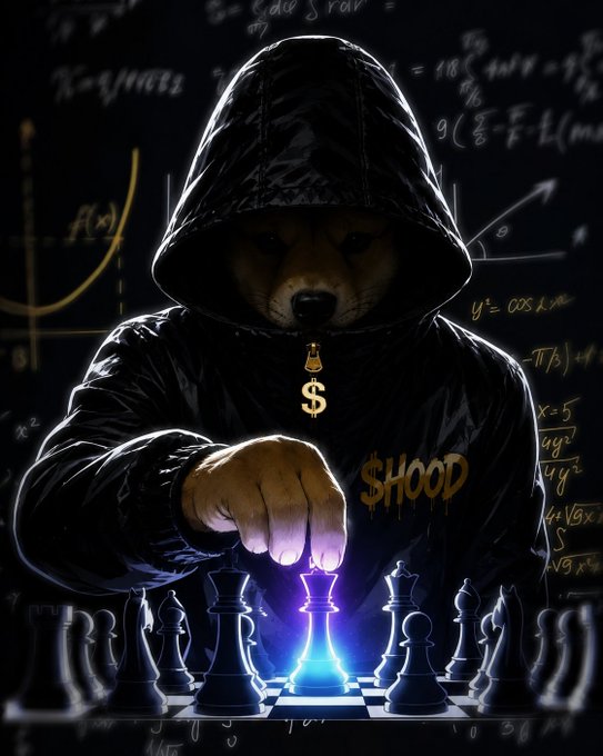 A hooded figure wearing a black jacket with '$HOOD' and a gold dollar sign necklace moves a glowing blue chess piece on a board, with mathematical equations and formulas written on the dark background.