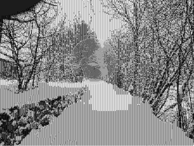 A black and white pixelated image depicts a solitary figure standing on a path through a snowy forest, facing a large moon or sun.