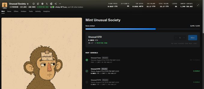 A Magic Eden NFT marketplace page showing the 'Mint Unusual Society' collection with a progress bar at 2,049/3,332 minted, displaying an illustration of a monkey character with a crown and 'unusual' text on its forehead.