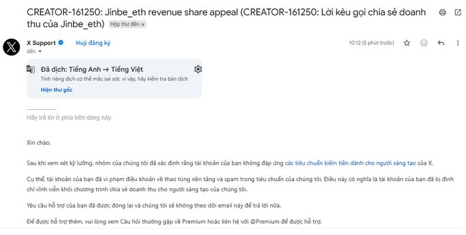 The focus of this image is a screenshot of an email that has been sent by a person, which says "Théâm lảng thì kháng biết sao luôn Hoạt động bình thường nhưng cáo". This email was sent to the creator of Cugad. The message appears to be a professional email, and it is in an English language format with attachments such as an attachment file or webpage that include text and/or images.