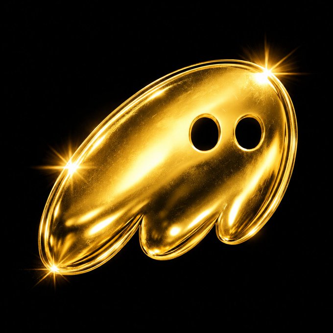 A shiny, metallic gold ghost emoji with glowing sparkles is displayed against a black background, symbolizing a "ghost transaction" or meme reference often used in crypto communities—fitting for a post asking users to "DROP YOUR SOLANA ADDRESS" as the floating ghost playfully invites wallet sharing.