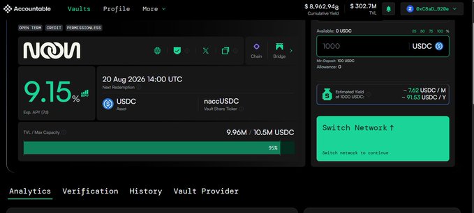 Screenshot of the Accountable DeFi platform displaying an nAOV vault offering 9.15% APY on USDC deposits, with a vault share ticker of naccUSDC.