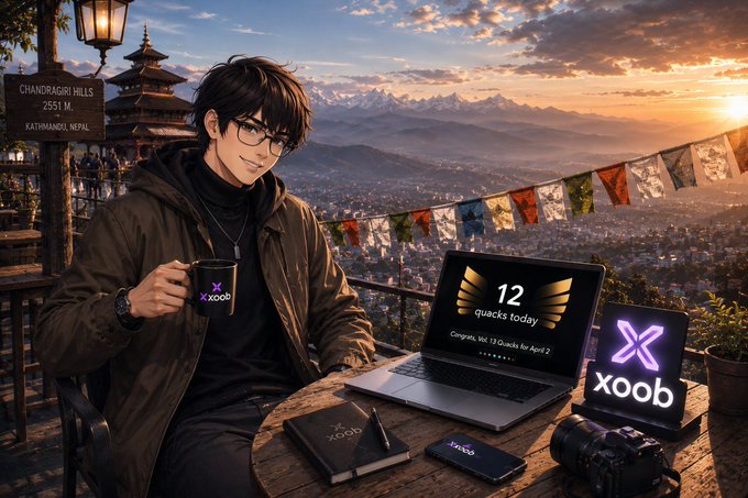 The image features a man sitting at a table with his laptop open in front of him. He has a cup of coffee next to him, suggesting that he might be working or studying. The background shows a beautiful view of mountains under a sunset, creating a serene atmosphere for the scene. There is also a banner displaying "XOB" and "Happy Thursday Attention is becoming one of the most valuable assets The rise of AttentionFi feels inevitable". This banner seems to be related to the man's laptop or the overall theme of the image.