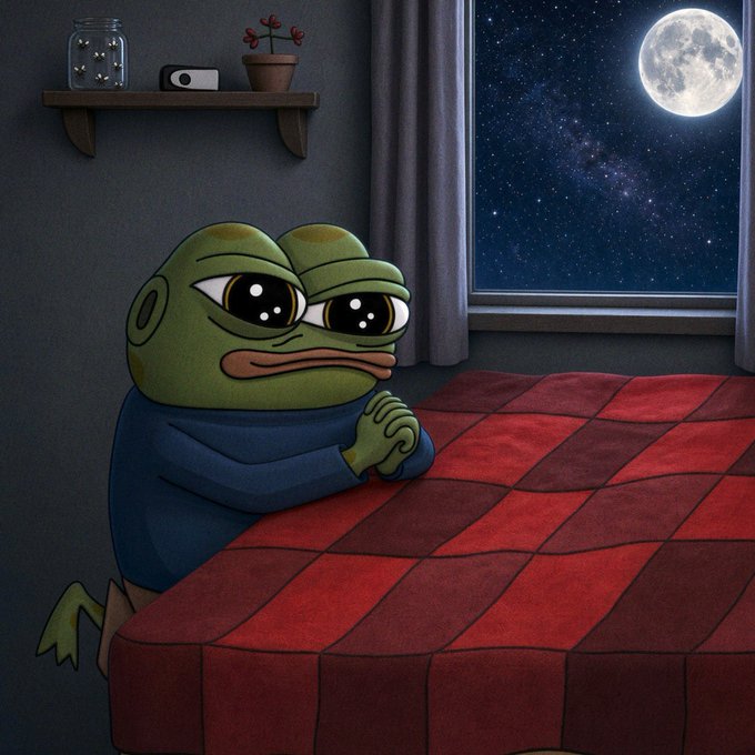 An illustration of a sad green frog-like figure sitting at the edge of a red checkered bed, looking out a window at a full moon in the night sky.