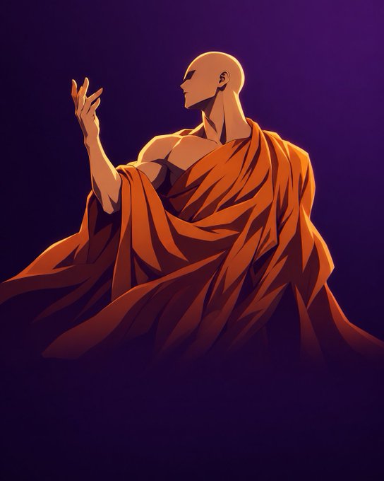 A digital illustration of a bald, muscular monk in orange robes viewed from behind, reaching up with one hand against a deep purple background.