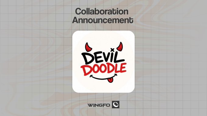 A "Collaboration Announcement" graphic featuring the Devil Doodle logo—a playful devil face design with red horns and a smiling mouth on a white rounded square—set against a light marbled background with "WINGFO" branding at the bottom, promoting a free mint collaboration with Devil Doodle NFT (supply 2222).