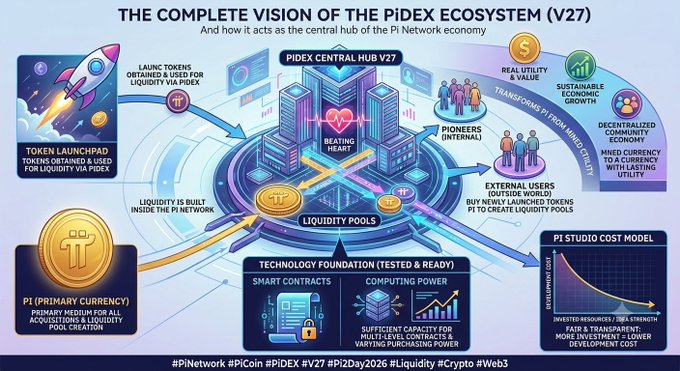 This image illustrates "The Complete Vision of the PIDEX Ecosystem V27," depicting PIDEX Central Hub as the beating heart of the Pi Network economy, where Pi (primary currency) flows through token launches, liquidity pools, and smart contracts to create real utility value and sustainable economic growth.

The diagram directly supports the post's message by highlighting smart contracts and computing power as the tested, ready technology foundation that enables predictive value assessment of mined or exchanged cryptocurrencies—the very essence the speaker describes as the "core of the matter."

Key elements include: Pi Primary Currency, Liquidity Pools, Token Launchpad, Pioneers (Internal), External Users, Decentralized Community, Pi Studio Cost Model, and hashtags #PiNetwork #PiCoin #PiDEX #V27 #PiDay2026 #Liquidity #Crypto #Web3.