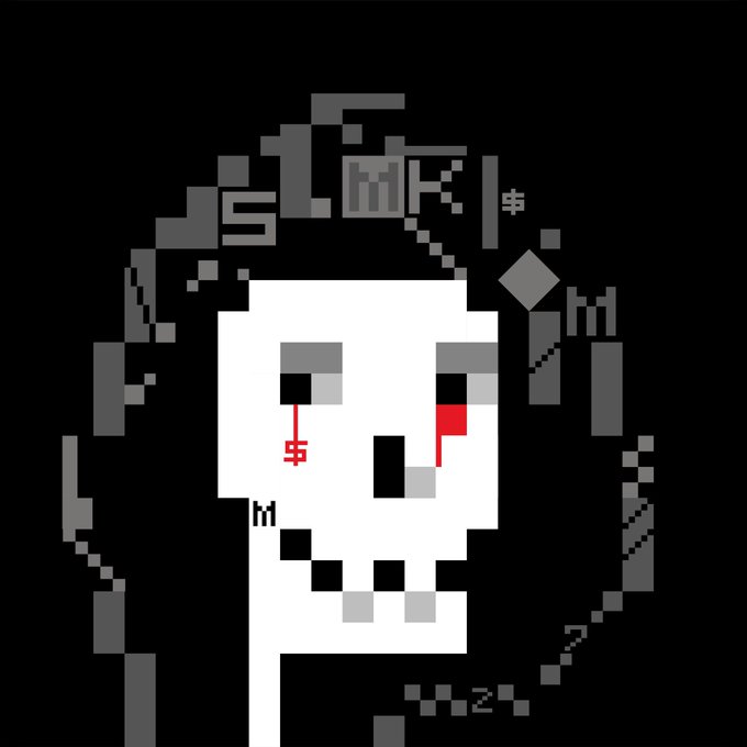 A pixel art illustration of a skull with red streaks resembling blood flowing from its eye sockets, surrounded by gray pixelated text and symbols on a black background.