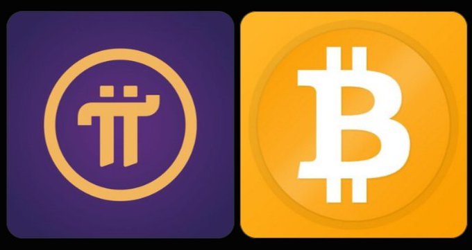 The image shows side-by-side icons of the Pi Network (π) logo on a purple background and Bitcoin (₿) logo on an orange background. The graphic visually accompanies the post's question asking viewers to choose between investing $10,000 in $PI versus $BTC.