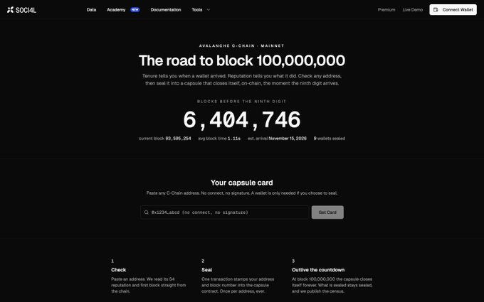 A website screenshot for X Social showing 'Avalanche C-Chain - Mainnet' with the title 'The road to block 100,000,000' and a current block count of 6,404,746.
