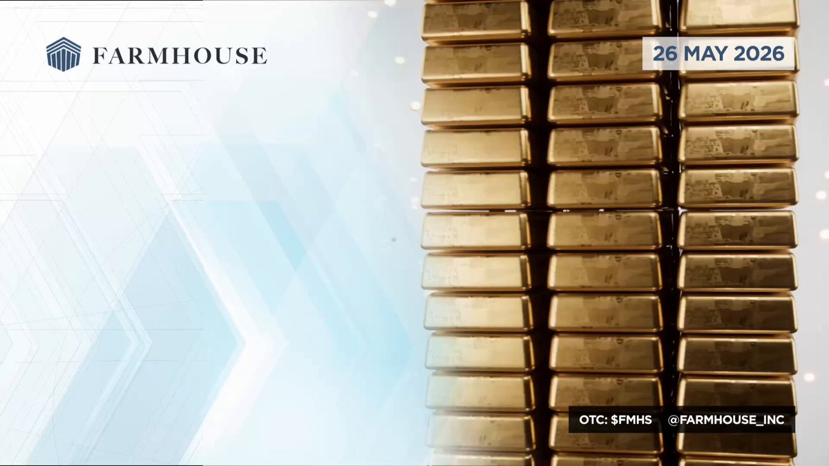 The image features a collection of gold bars stacked one on top of another, creating a sense of depth and density as they reach up towards the top edge of the frame. The bars appear to be from different batches or companies, indicating that Farmhouse is involved in the purchase or sale of these gold bars. On the right side of the image, there's a post about Farmhouse, discussing Bitcoin and Gold, which includes the text "Farmhouse has officially begun adding #Gold to our Bitcoin and Gold anti-debasement treasury!", highlighting their involvement in acquiring gold for Bitcoins using tokens denominated in Dollars or Euros. The overall layout of the image is well-organized, with each bar clearly visible against the backdrop of other bars, making it easy for viewers to appreciate the scale and density of this collection of gold coins.