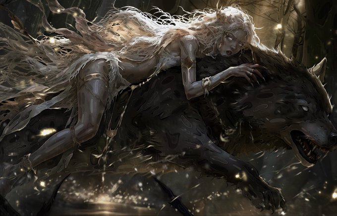 A fantasy digital illustration showing a pale, ethereal woman with flowing white hair and tattered garments riding atop a large, snarling black wolf or wolf-like beast through a dark, spark-lit forest.