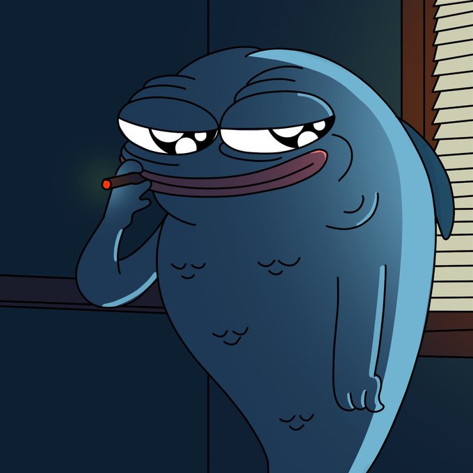 The image shows a cartoonish blue shark-like character with a sly expression smoking a cigar, with a glowing red tip. The "lfg" caption suggests an enthusiastic, hype-building sentiment that fits the character's cool, confident demeanor — like a mob boss ready to take action.