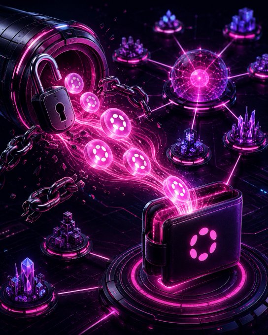 A glowing pink padlock releases streams of DOT tokens from an unlocked safe, visually representing the release of previously locked parachain auction funds. The scene ties directly to the post's mention of Polkadot's DOT tokens being unlocked, symbolizing freed assets flowing back to holders.

(Note: No specific text, numbers, or tickers are visible in the image beyond the generic "DOT" token symbols.)