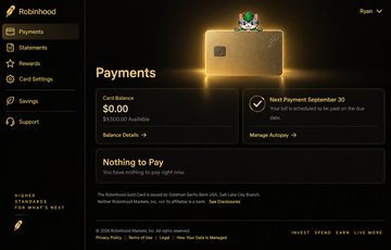 A Robinhood account dashboard displaying the Payments page with an account balance of $0.00 and a notice that the next Gold payment of $5.00 is scheduled for September 30.