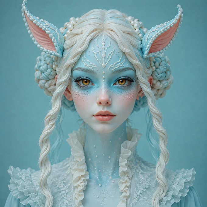The image features an artist's portrait with blue hair styled into large, pointy ears that resemble rabbit ears. The girl has white hair and a white dress, which complements her unique appearance. She also wears a white ruffled skirt and a white blouse. The background is a light blue color, providing a contrast to the girl's vibrant blue hair and white attire. The image includes text that reads "GM To your attention, a new collection of PFPs Avatars @drip_haus Visit the store and choose your avatar drip.haus/VINCENTO/store".
