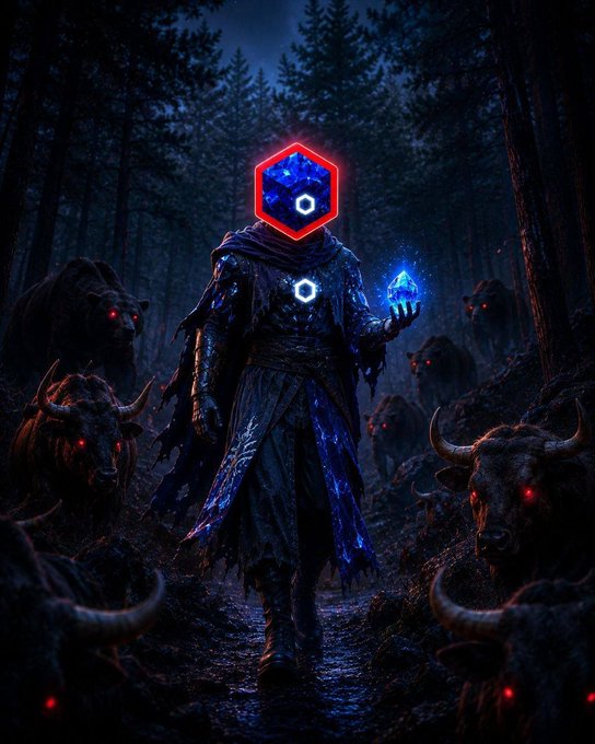 A dark fantasy scene featuring a hooded figure in blue robes with a glowing red hexagonal icon for a head, holding a blue crystal while surrounded by demonic beasts with red eyes in a forest.