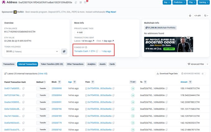 Etherscan transaction page for address 0xaf200792A319f642Cf697Cef8a6102969132f9d3c showing 0.71929901054895518 ETH balance and a red box highlighting 'FUNDED BY Tornado Cash 1 ETH' 1 day ago.