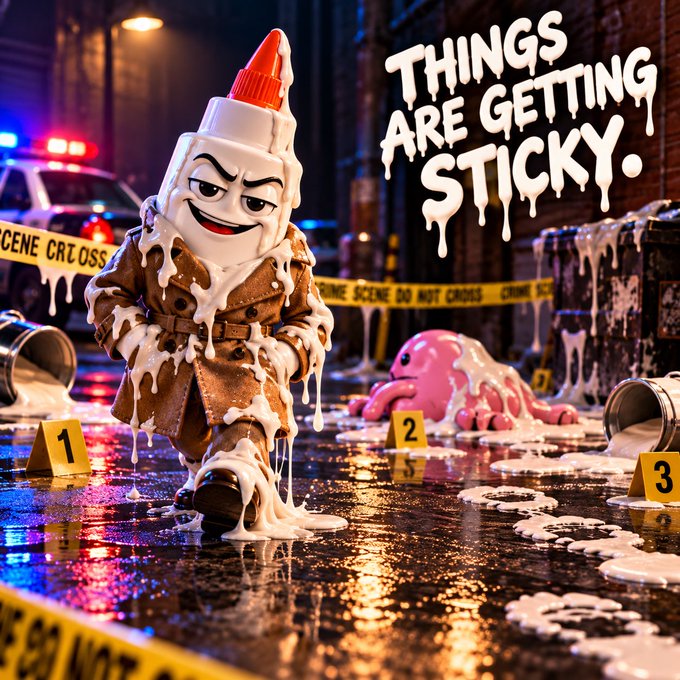 A comedic crime scene image showing a person dressed as a glue bottle covered in white glue with the caption 'THINGS ARE GETTING STICKY.', complete with police tape, evidence markers, and a pink octopus-like figure on the ground.