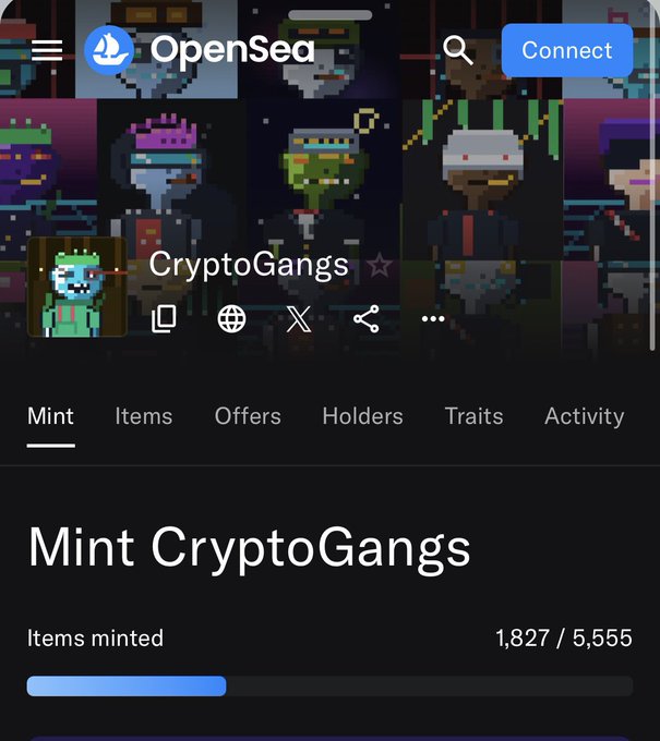 A screenshot of the OpenSea NFT marketplace showing the CryptoGangs collection, with 1,827 of 5,555 items minted and various pixel art character thumbnails displayed.