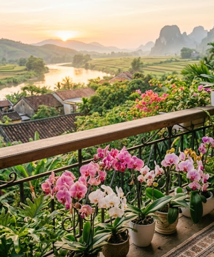 A scenic view from a balcony adorned with pink orchids, overlooking a lush landscape of green rice fields, a winding river, traditional houses, and distant misty mountains at sunset.
