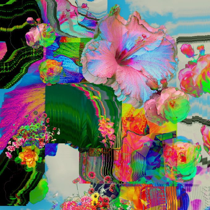 A vibrant digital collage featuring a large pink hibiscus flower surrounded by colorful floral patterns, green leaves, and abstract glitch art elements.