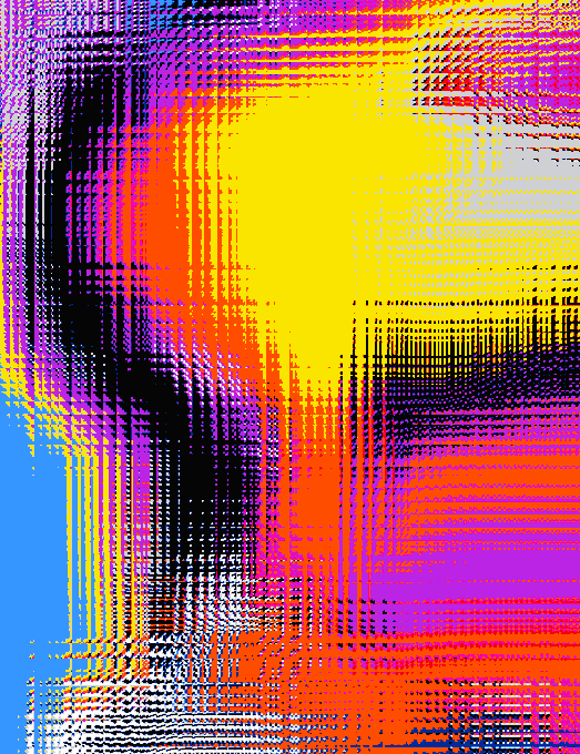An abstract digital artwork or glitch art composition featuring chaotic horizontal lines and blocks of vibrant color, predominantly yellow, magenta, blue, orange, and black.