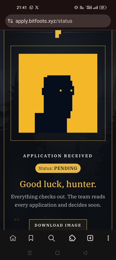 A mobile browser screenshot from apply.bitfoots.xyz displaying a pixelated silhouette and the text 'APPLICATION RECEIVED', 'Status: PENDING', and 'Good luck, hunter.'