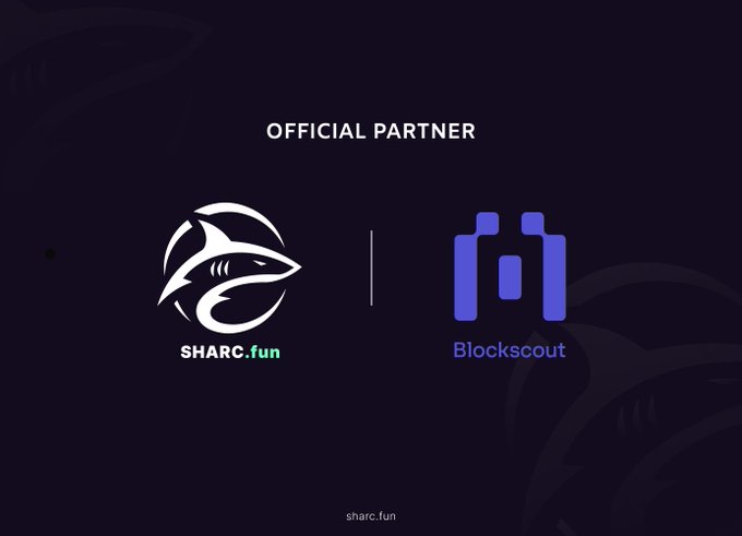 The image displays an "OFFICIAL PARTNER" graphic featuring the SHARC.fun shark logo alongside the Blockscout logo, with "sharc.fun" noted at the bottom. This partnership announcement visually supports the post's description of SHARC.fun's memecoin model, which routes creator fees to holders as stock rewards in tickers like $AAPL, $NVDA, and $TSLA, with Blockscout likely serving as the blockchain explorer infrastructure for the platform.