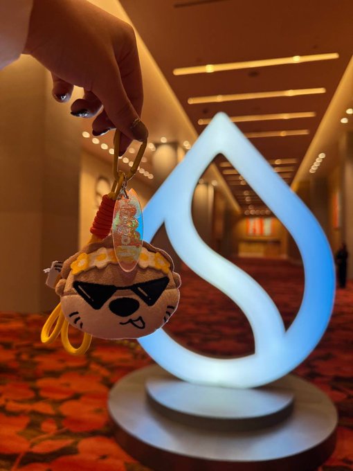 A photo of a hand holding a small plush Sui mascot keychain in front of a large illuminated Sui (SUI) logo display at an event venue.