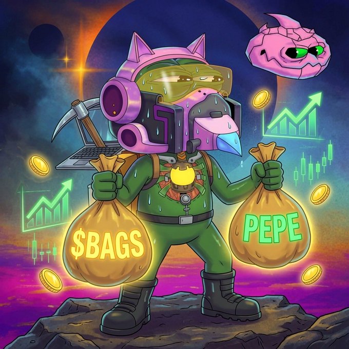 A cartoon astronaut-style Pepe in a pink helmet holds two glowing money bags labeled "$BAGS" and "PEPE," standing atop a rocky platform against a cosmic backdrop with a floating frog companion, green upward-trending charts, a pickaxe, and floating coins—visually capturing the post's theme of hustling and building meme coin wealth among the stars.
