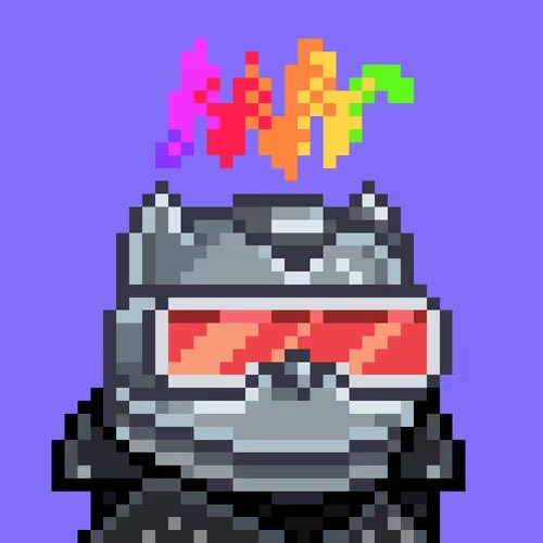 A pixel art illustration of a metallic robot character wearing red visor sunglasses with a colorful rainbow pixel aura above its head on a purple background.