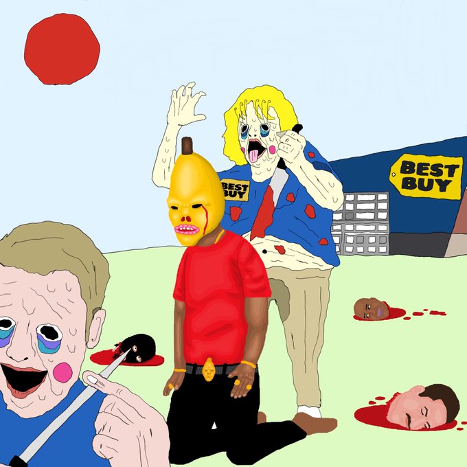 A crude digital drawing depicting a bizarre scene outside a Best Buy store, featuring characters in various states of distress, a person in a red shirt with a yellow banana-like mask, bloody heads on the ground, and a red sun overhead.