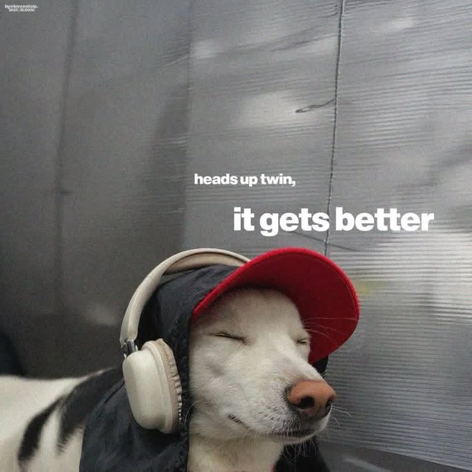 A dog wearing a red cap and headphones appears to be sleeping peacefully, with the text "heads up twin, it gets better" overlaid on the image. The cozy, relaxed scene paired with the uplifting message offers a comforting "good morning" vibe for September 24th, reminding viewers that things will improve.
