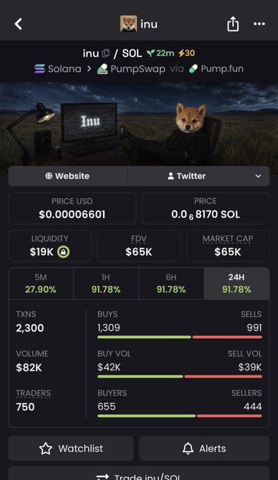 A cryptocurrency tracking app displaying details for the 'inu' token on Solana via PumpSwap/Pump.fun, showing a price of $0.00006601, FDV of $65K, market cap of $65K, and 91.78% gains across multiple timeframes.