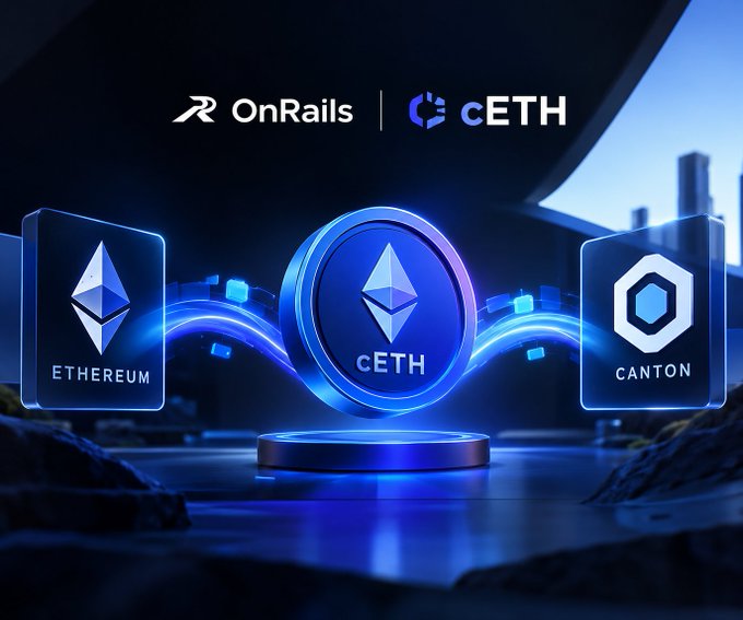 A digital graphic displays 'OnRails | cETH' with Ethereum and Canton blockchain logos flanking a central cETH coin on a podium with blue glowing effects.