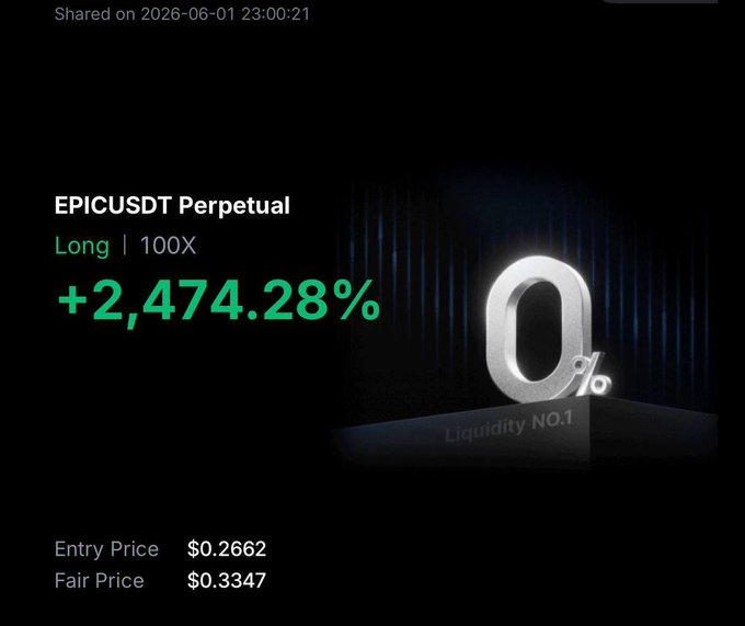 The image features a screenshot or snapshot of an ERC trading platform called Epic. The title text in the top left corner reads "EPICUSDT Perpetual Long 100X", while the bottom right corner displays a screenshot of the percentage of the value at stake (%). This description suggests that the image represents an overview, analysis, or visual representation of the ERC trading features and statistics on the platform. The main focus is the percentage shown in the image, which highlights the proportion or rate of change associated with the trade action taking place on Epic.