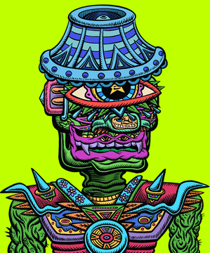 A vibrant, surreal illustration of a totem-like figure with a blue headdress, green face, and elaborate decorative elements set against a bright yellow background.