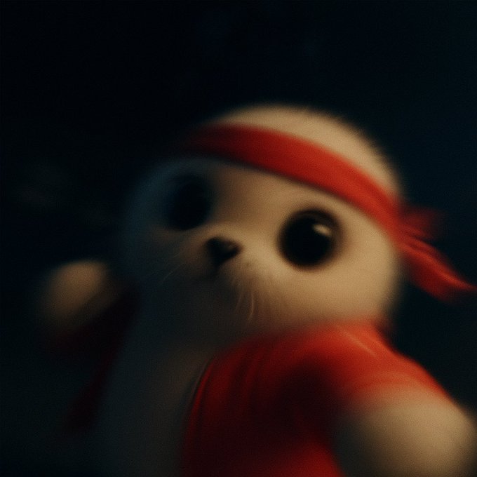 A worn plush seal toy with large glossy eyes and a red headband looks upward in dim lighting. The toy's earnest, soulful expression pairs perfectly with the cheerful "Gm, Say it back" message, embodying a wholesome request for a morning greeting in return.