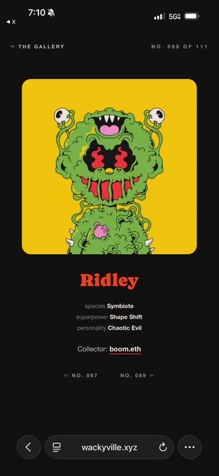 A digital collectible card from 'THE GALLERY' (No. 088 of 111) showing a green monster named 'Ridley' with 'Chaotic Evil' personality, collected by 'boom.eth'.