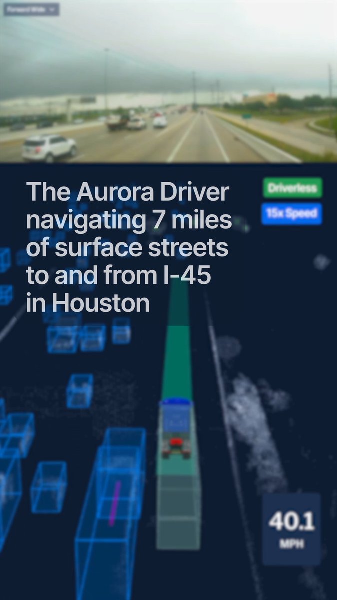 The image features a screenshot of an app called "The Aurora Driver" that allows users to navigate their way through complex driving situations such as navigating 7 miles of surface streets from I-45 into Houston with precision and mastering lower-speed environments. This app is beneficial for drivers, especially in low visibility conditions or challenging weather, as it helps them maintain control over the vehicle's speed and direction even in difficult circumstances.