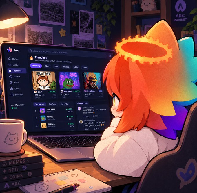 An anime-style character with a glowing halo sits at a desk browsing the Arc browser's "Trenches" section, viewing trending tokens like $CAT (+39.4%, $12.8M MC), $ARCPEPE (+18.1%, $4.2M MC), and Arc Raiders ($0.42 ETH), with a "Arc Mainnet" badge visible in the background — perfectly capturing the excitement of exploring fresh NFT mints after a free, instant USDC bridge from Base to Arc.